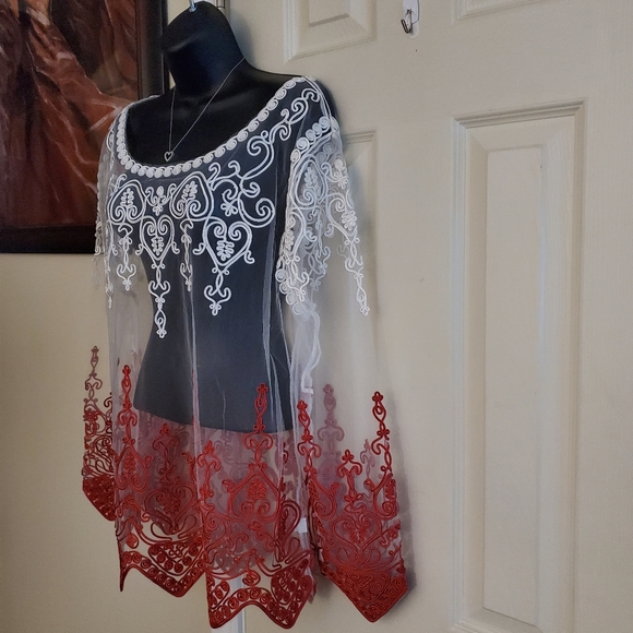 Couture Sheer Embroidered Red/White Triangular Sleeve Hem Finish Top Blouse - Picture 4 of 9